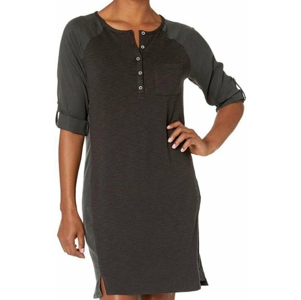 PrAna Hensley Henley Shirt Dress Gray Black Sz Medium Button Up 3/4 Sleeve